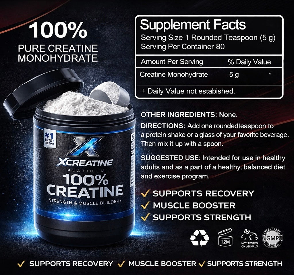 XCreatine Platinum 100% Creatine Monohydrate – Strength & Muscle Builder (80 Servings)